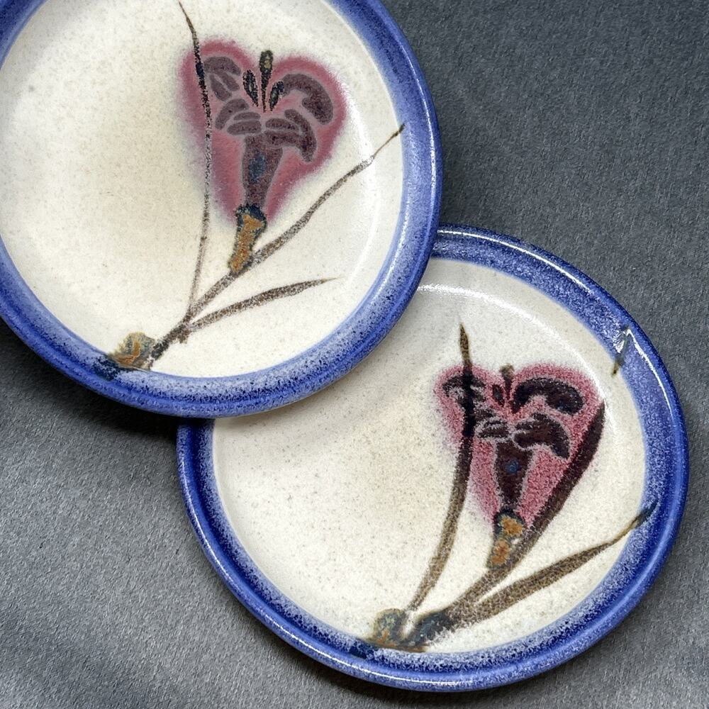 1980s Handmade Studio Art Pottery Plates Hand Painted Purple Iris Blue Rim 8"